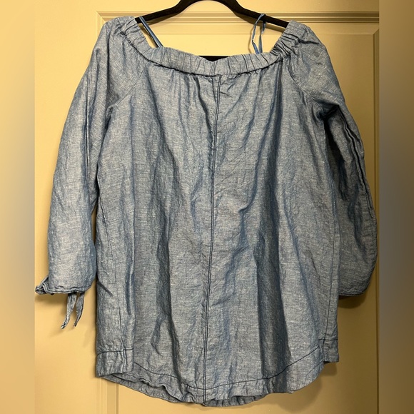 𝅺Free People Off Shoulder Denim Chambray Blouse Tie Sleeves - Picture 4 of 6